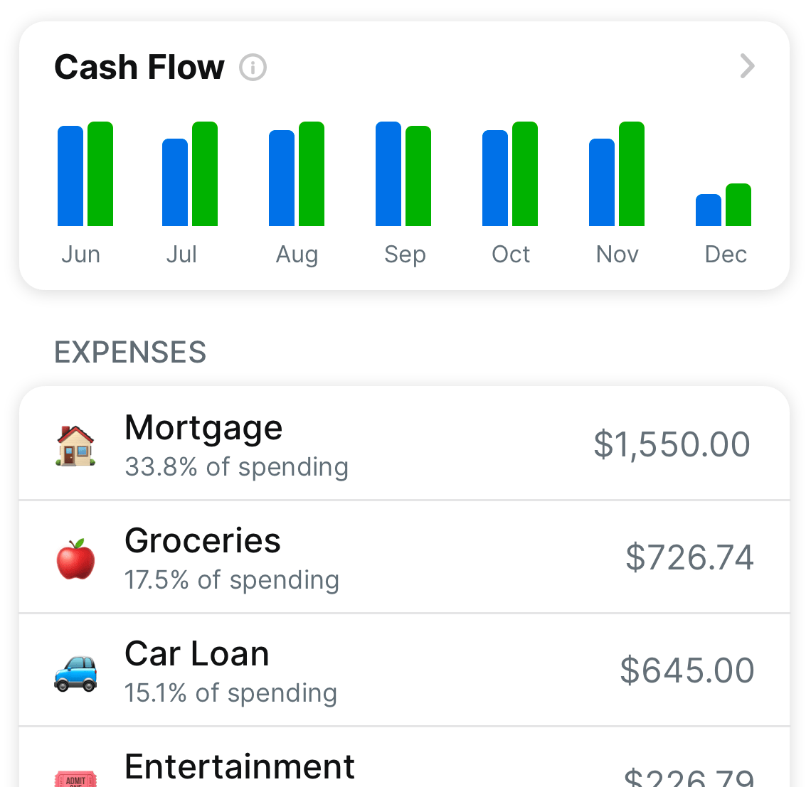 Screenshot of cash flow in Balance Pro app